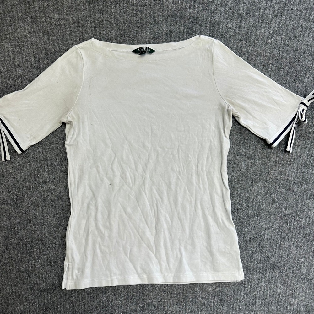Lauren Ralph Lauren Shirt Womens Large White Boat Neck Tie Sleeve Cotton Tee